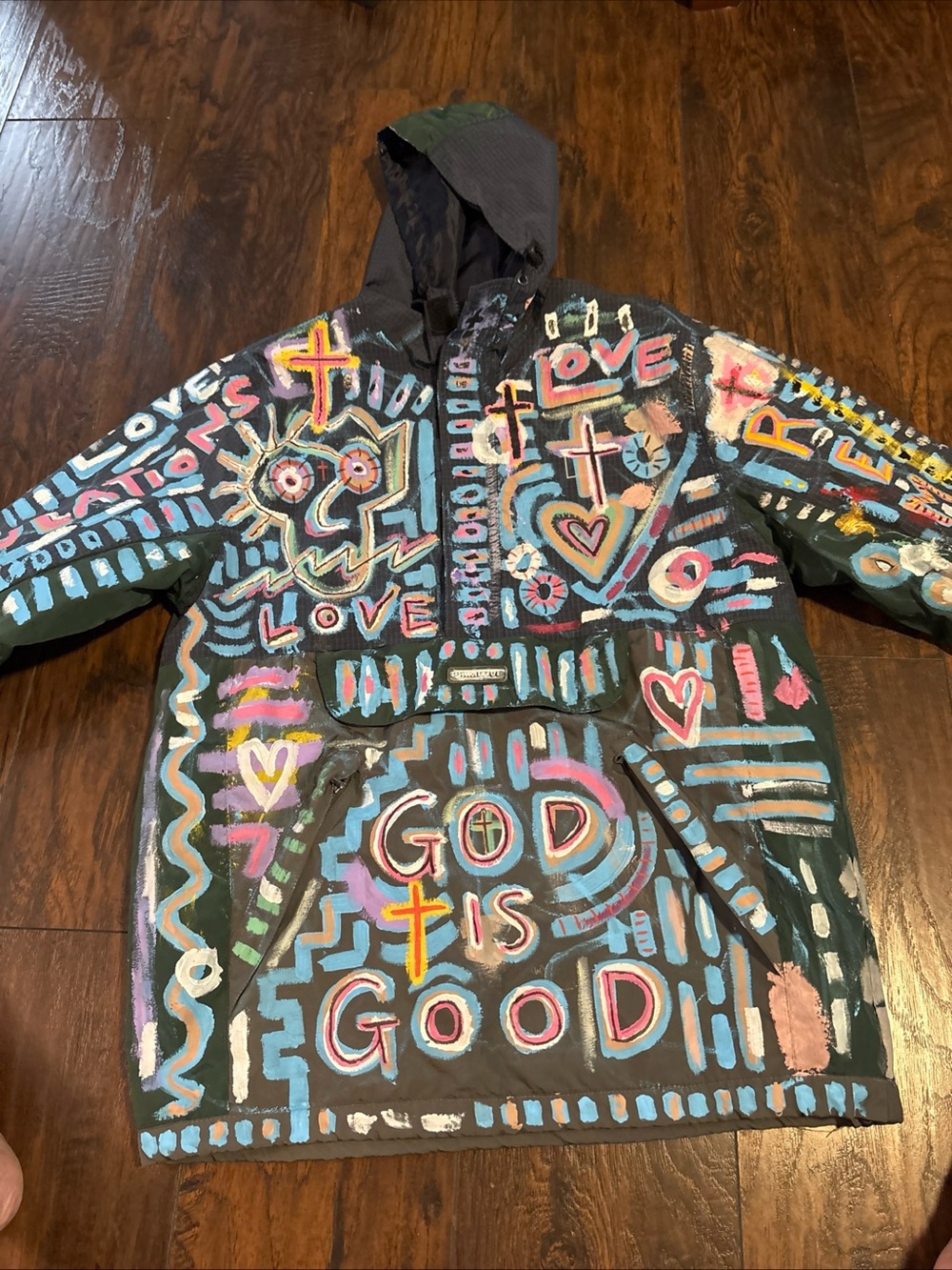 Primitive skateboard windbreaker hand painted'God Is Good Graphic Hooded Jacket